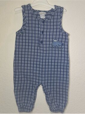 Vintage Carter's Blue and White Plaid Infant Romper with Seal Motif 9-12 Months